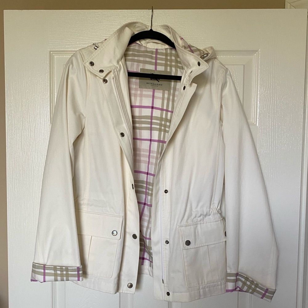 White Burberry pink plaid raincoat!